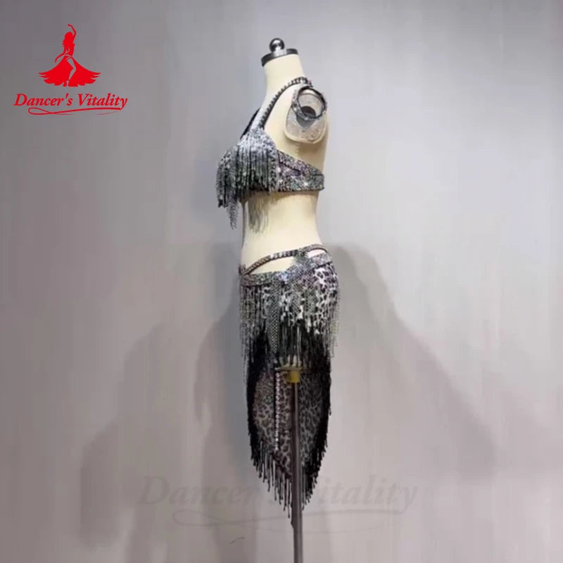 Belly Dance Clothing Women's Customized Luxury Rhinestone Sexy Leopard Pattern Tassel Set Oriental Dance Performance Clothing