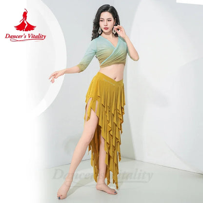 Belly Dance Costume for Women Mesh Half Sleeves and Fringed Long Skirt Oriental Professional Clothing Bellydance Wear Outfit