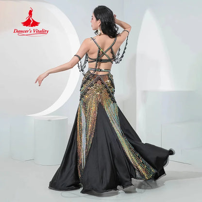 BellyDance Performance Costume Customized Senior Sequin Embroidered Crystal Beads Tassel Set Oriental Dance Competition Clothing