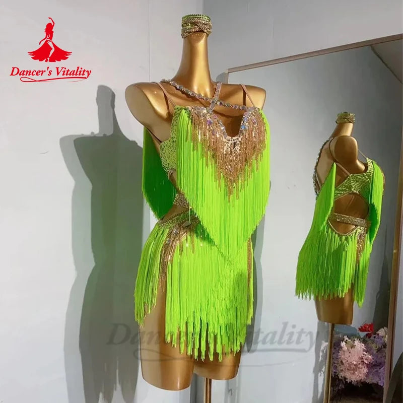 Latin Dance Fringe Dress Women Customsized Senior AB Stones Performance Clothing Tango Chacha Latin Dancing Professional Dresses