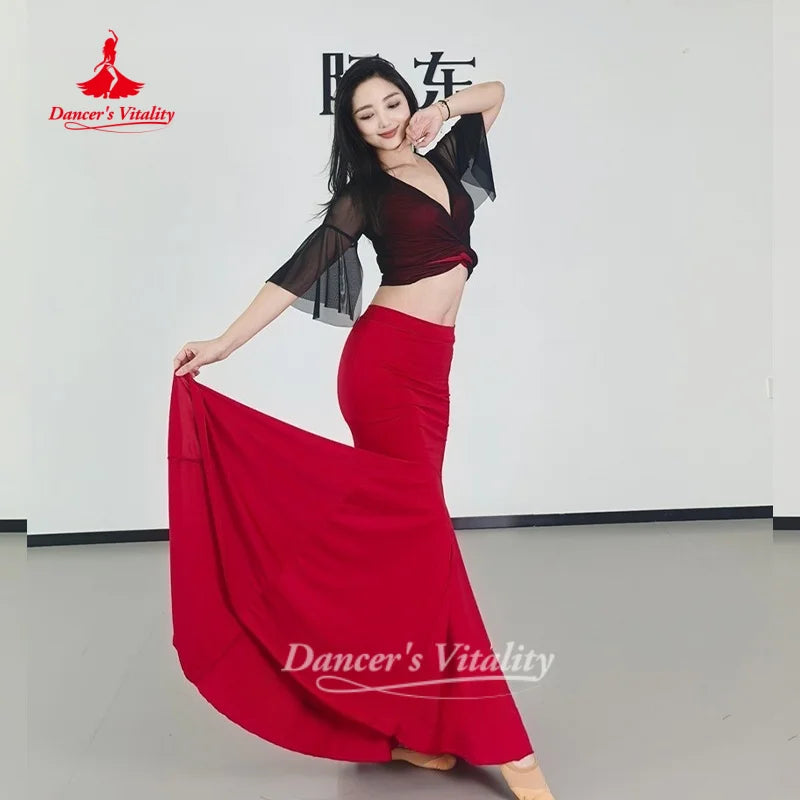 Belly Dance Costume Women's Sexy V-neck Black Top+Red Fishtail Long Skirt 2pcs Oriental Dance Practice Clothes Dancer's Vitality