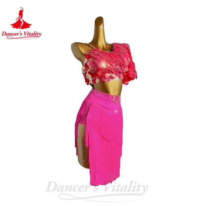 Latin Dance Performance Dress for Women Sequins Bra Top+tassel Skirt 2pcs Chacha Tango Skirt Custom Adult Child Latin Dresses