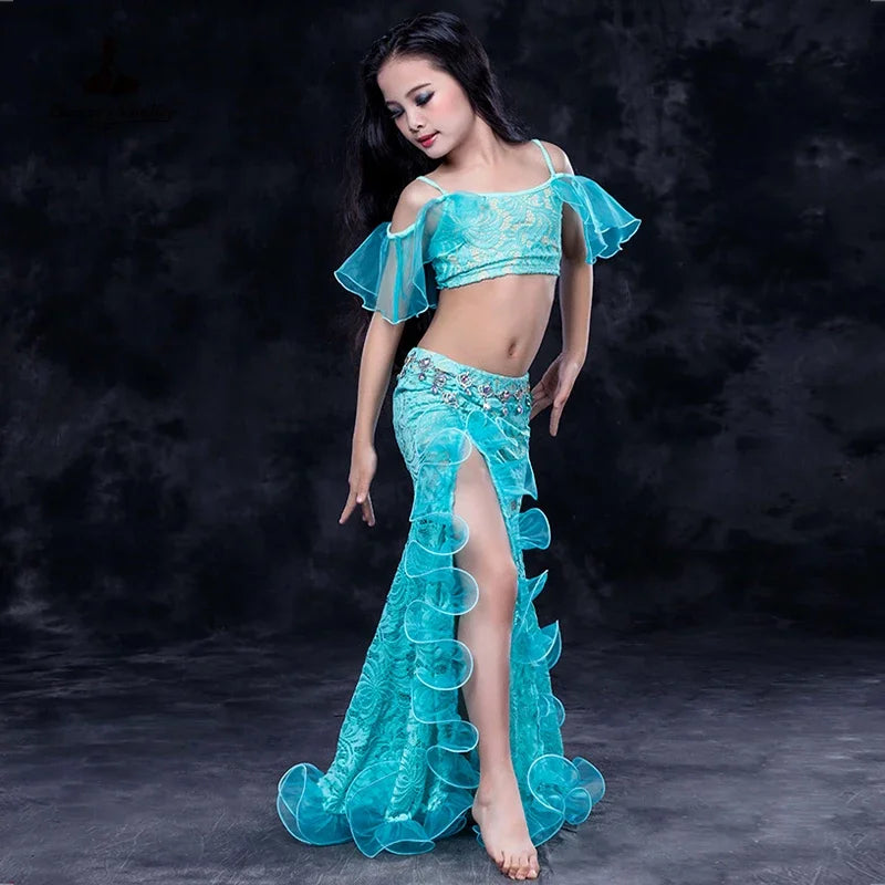 Girls Professional belly dancing clothes luxury sleeveless top+lace split sirt 2pcs child dance set kids belly dance suit SML