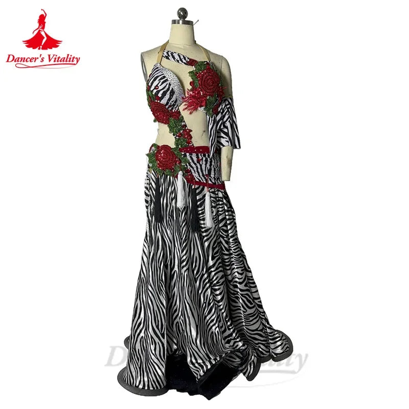 Belly Dance Performance Costume Set for Women Senior Zebra Bra Top+long Skirt 2pcs Custom Adult Children Oriental Dance Outfit