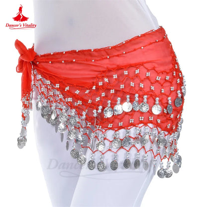 Belly Dance Belt for Women Chiffon Gold Coines Oriental Dancing Wear Accessies Girl's Chiffon Silver Coines Bellydance Hip Scarf