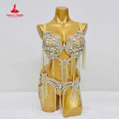 Bellydance Clothing Suit Customized Senior AB Stones Bra+Sexy Chiffon Split Long Skirt 2pcs Oriental Dance Performance Costumes