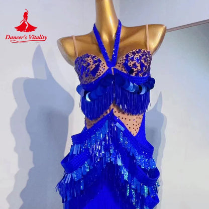 Latin Dance Competition Dresses Customization Senior Rhinestone Sequin Fringe Dress Women Tango Chacha Samba Performance Costume