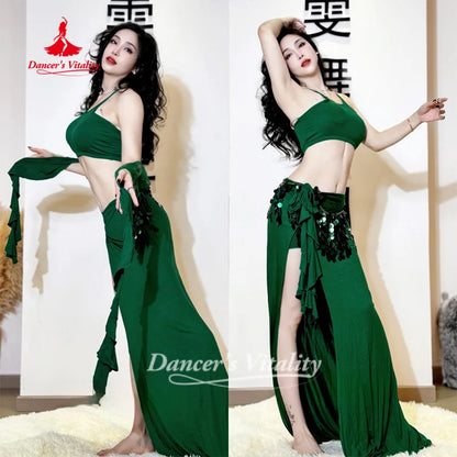 Belly Dance Practice Clothes Top+Skirt+Hip Scarf 3pcs Women's Soft and Comfortable Oriental Dance Clothing Dancer's Vitality