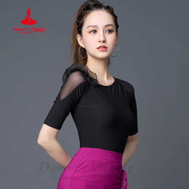 Latin Dancing Modern Dance Costume for Women's Half Sleeves Slimming Top Tango Chacha Samba Professional Practice Clothing