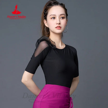 Latin Dancing Modern Dance Costume for Women's Half Sleeves Slimming Top Tango Chacha Samba Professional Practice Clothing