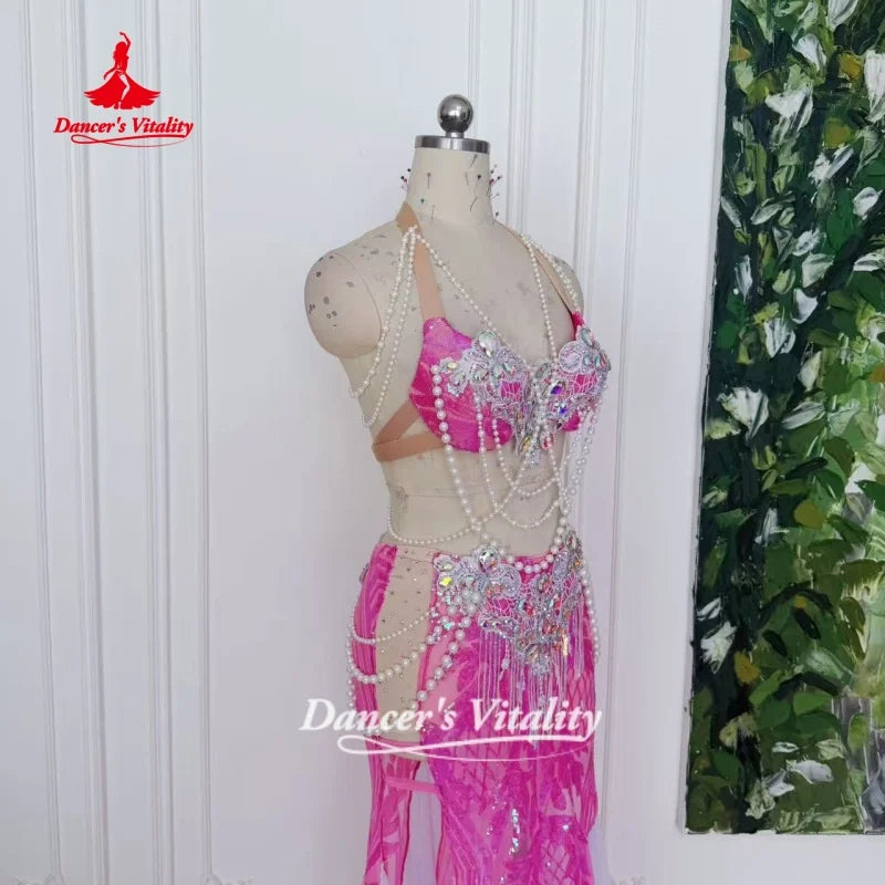 Belly Dance Outfit Customized Senior AB Stones Bra+Sequined Fishtail Long Skirt 2pcs Oriental Dance Clothing Dance's Vitality