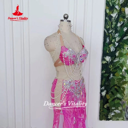 Belly Dance Outfit Customized Senior AB Stones Bra+Sequined Fishtail Long Skirt 2pcs Oriental Dance Clothing Dance's Vitality