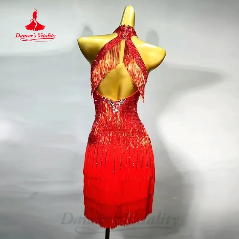 Latin Dancing Outfit Women's Customized Luxury Diamond Tassel Dress Girl Tango Chacha Samba Professional Performance Costume