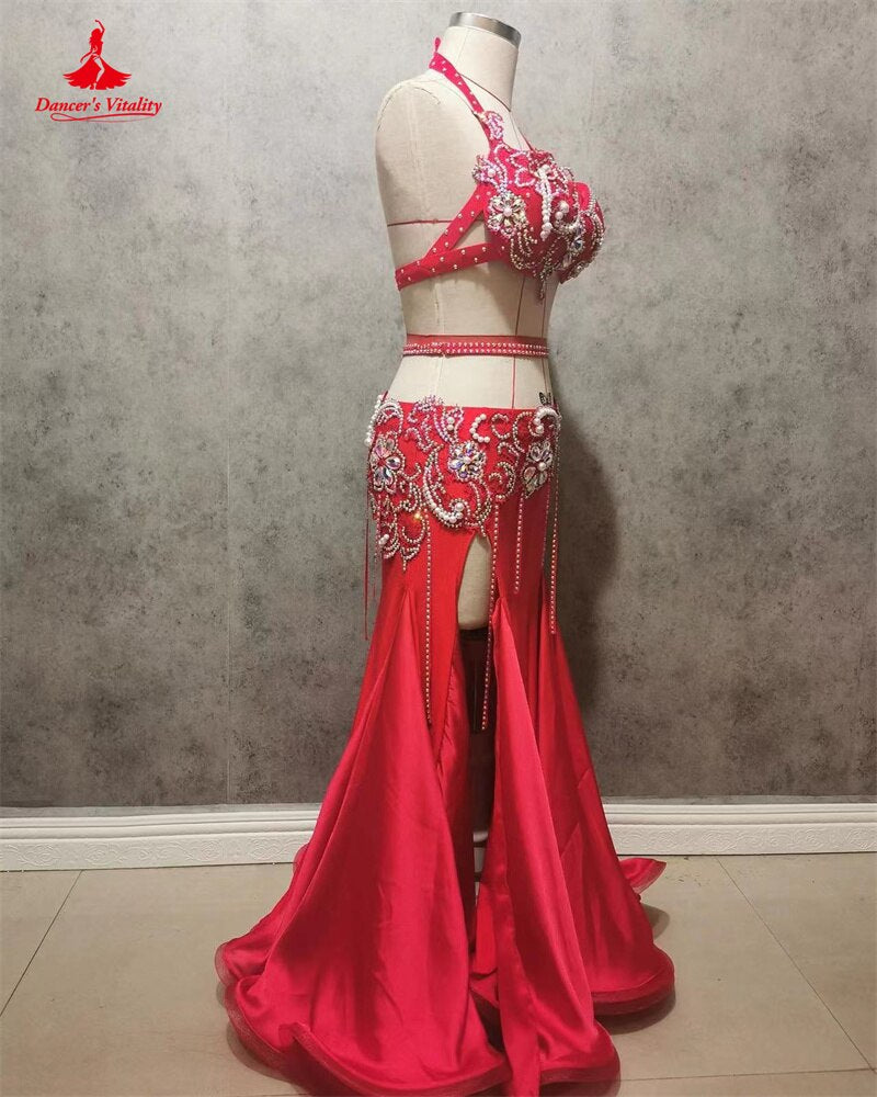 Belly Dance Suit Diamond Bra Tassel Long Skirt Performance Clothing Female Adult Child Competition Clothes Set High-end Custom