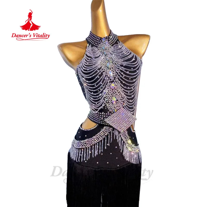 Latin Dance Performance Fringe Dress for Women AB Stones Rumba Chacha Tango Competiton Costume Custom Adult Child Latin Skirt