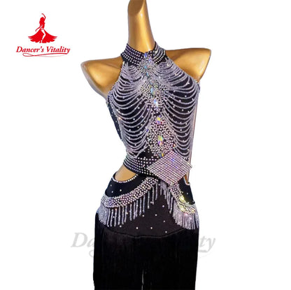 Latin Dance Performance Fringe Dress for Women AB Stones Rumba Chacha Tango Competiton Costume Custom Adult Child Latin Skirt