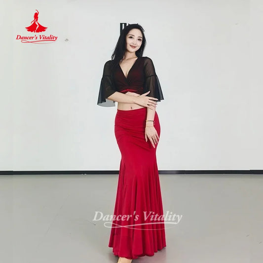 Belly Dance Costume Women's Sexy V-neck Black Top+Red Fishtail Long Skirt 2pcs Oriental Dance Practice Clothes Dancer's Vitality