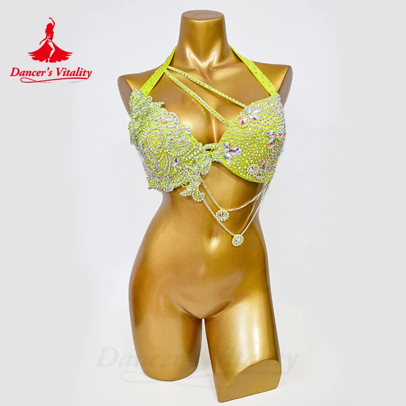 Belly Dance Performance Set for Women Senior AB Stones Bra+belt Pcs Customsized Oriental Belly Dancing Competiton Suit