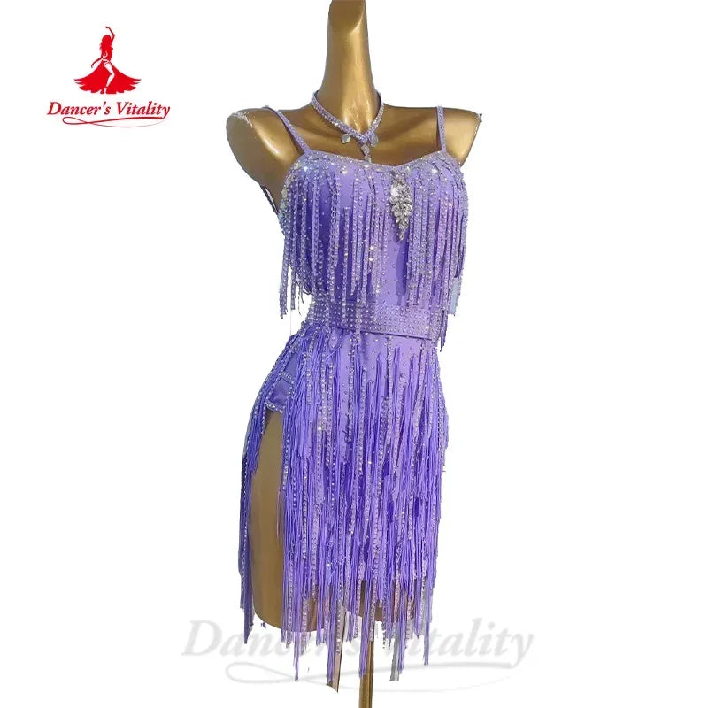 Latin Dance Performance Costumes for Women Customized High-end Luxury Full Diamond Fringe Dress Children Latin Dance Dresses