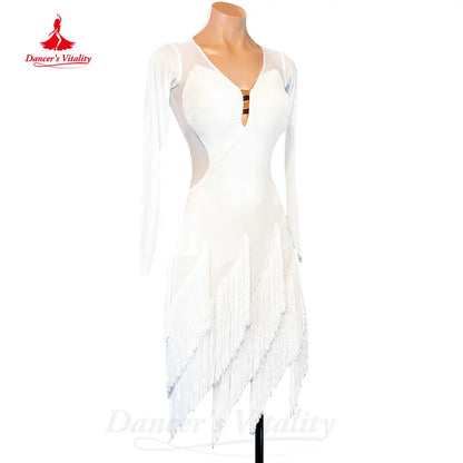 Latin Dance Practice Costumes Customized Sexy Long Sleeved Tassel Dress Adult and Children's Tango Samba Competition Dresses