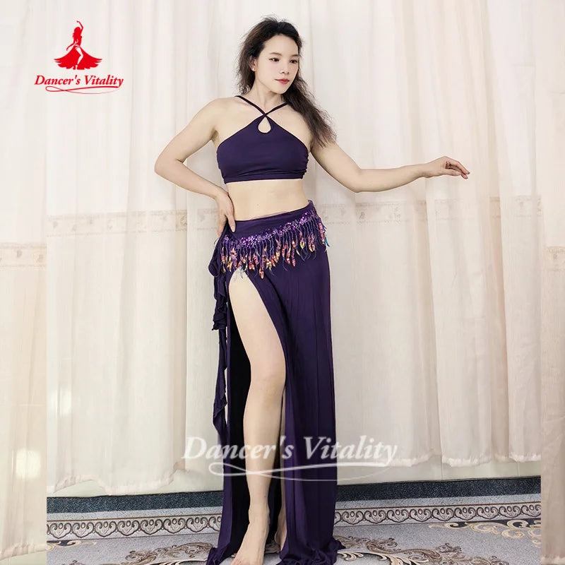 Belly Dance Practice Clothes Top+Skirt+Hip Scarf 3pcs for Adult Soft and Comfortable Oriental Dance Clothing Dancer's Vitality