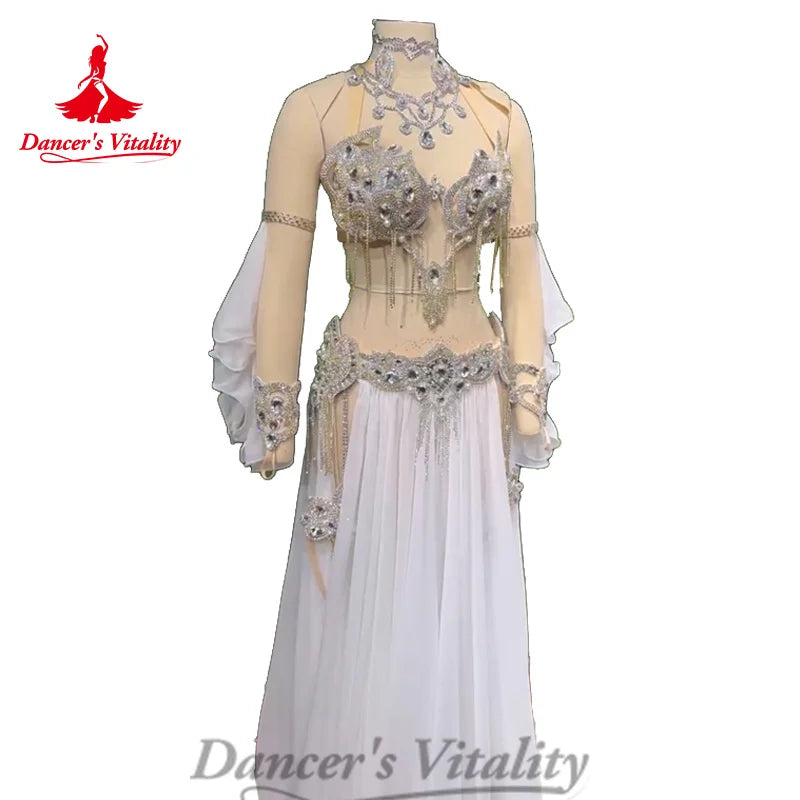 Belly Dance Costume Set Senior Diamond Bra+Chiffon Long Skirt+Hand Sleeves 3ps Oriental Dance Professional Performance Clothing