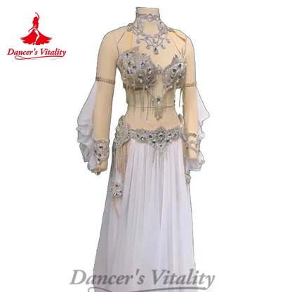 Belly Dance Costume Set Senior Diamond Bra+Chiffon Long Skirt+Hand Sleeves 3ps Oriental Dance Professional Performance Clothing