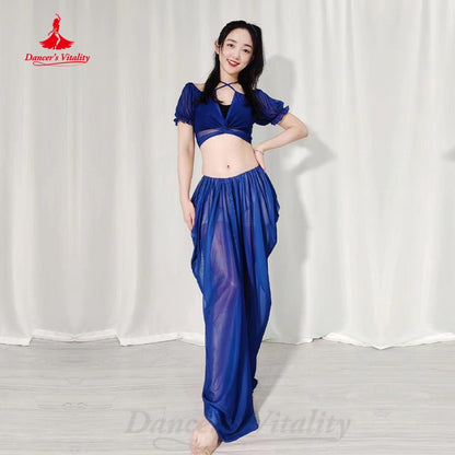 Belly Dancer Costume Suit Women Chiffon Short Sleeves Top+long Skirt 2pcs Girl Oriental Dancing Clothing Bellydance Wear Outfit