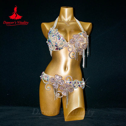 Belly Dance Costume Suit Women Customsized Hand Made Bra+belt 2pcs Girl's Oriental Belly Dancing Belt Competitoin Suit