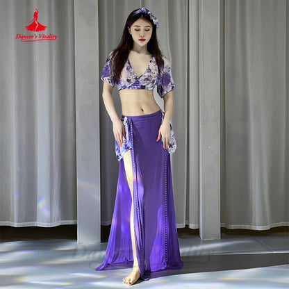 Belly Dance Costume Set Women Gauze Printing Short Sleeves Top+long Skirt 2pcs Training Suit Clothes Girl's Bellydance Outfit