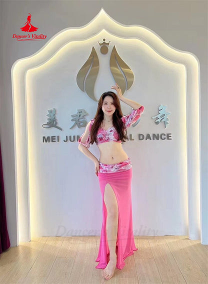 Belly Dance Practice Clothes Suit Mesh Printing Half Sleeves Top+long Skirt 2pcs for Women Belly Dancing Training Suit