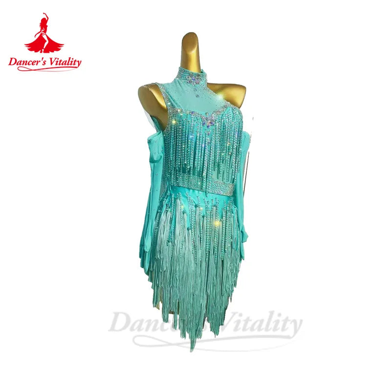 Latin Dance Dress for Women Spandex Senior AB Stones Rumba Chacha Tango Performance Competiton Clothing Latin Tassel Dresses