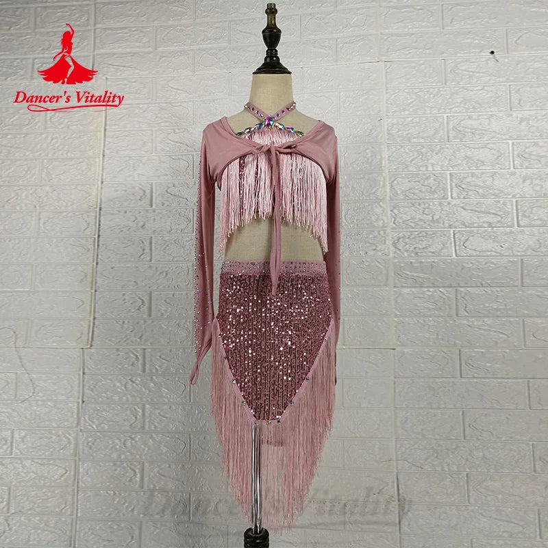 BellyDance Suit Customized Exquisite Shawl+rhinestone Sleeveless Top+sequin Tassel Skirt 3pcs Oriental Dance Performance Set