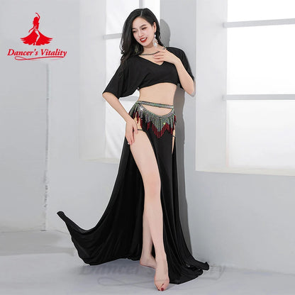 Bellydance Costume Set Customized Short Sleeved Vneck Top+Sexy Split Long Skirt 2pcs Women's Oriental Dance Performance Clothing