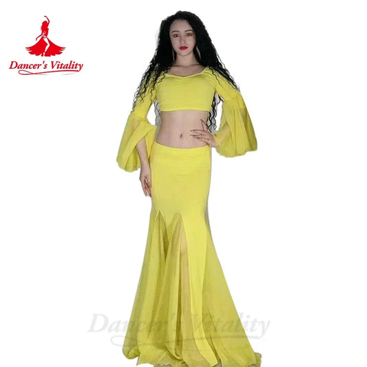 Belly Dance Costume for Women Long Sleeves Top+fish Tail Long Skirt 2pcs Custom Adutl Chidlren Belly Dancing Practice Clothes