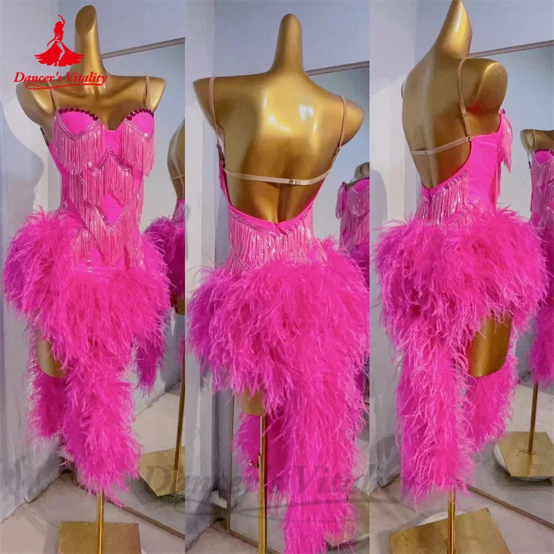 Latin Dance Performance Dress for Women Senior Feather Rumba Chacha Competiton Costume Skirt Adult Child Adult Latin Dresses