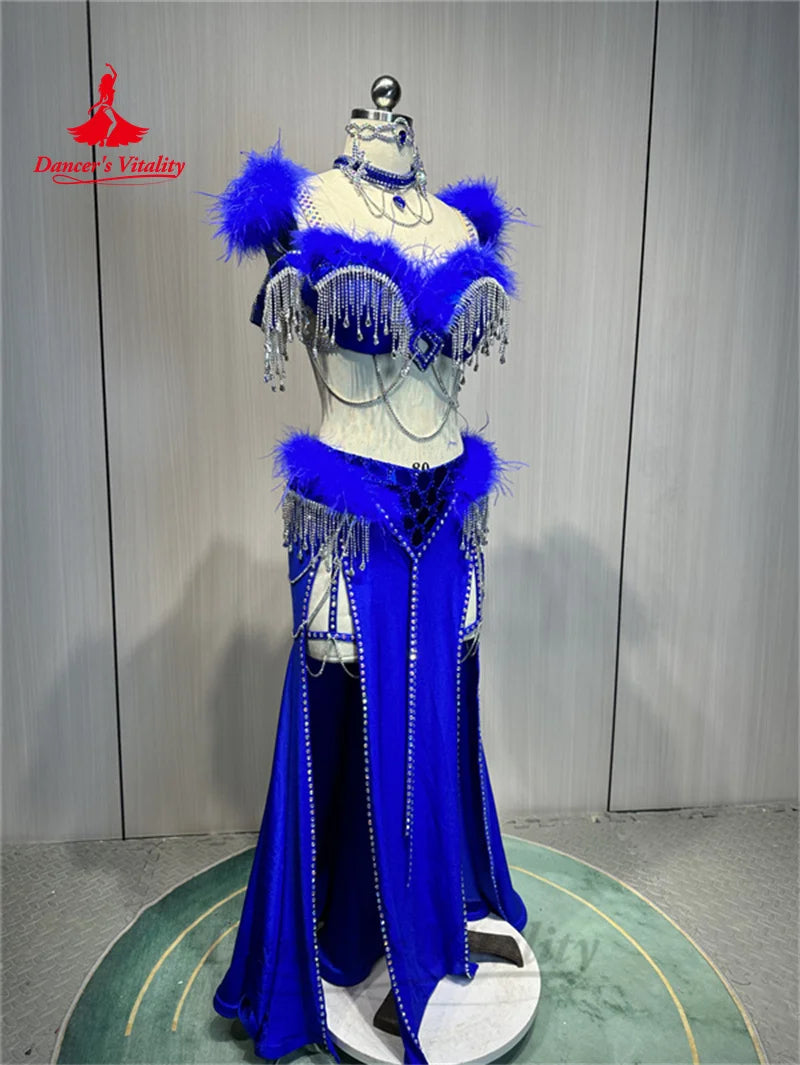 Belly Dance Costume Suit  Customized Feathers Tassels Bra+diamond Long Skirt Oriental Dance Professional High End Dance Skirt