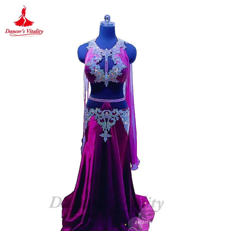 Belly Dancer Performance Costume Set for Women Senior Bra Top+satin Skirt 2pcs Custom Adult Child Oriental Competiton Outfit