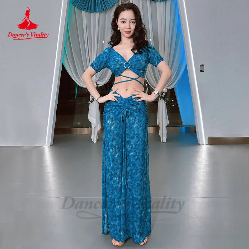 Belly Dance Costume Set for Women Short Sleeves Top+split Long Skirt Team Clothing Set Oriental Belly Dancing Female Outfit