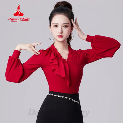 Latin Dance Tops Customized V-neck Long Sleeved Top Women Tango Chacha Samba Performance Costume Social Dance Training Clothing