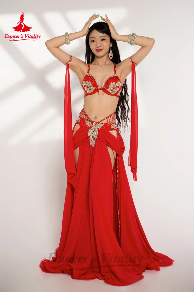 Belly Dance Performance Suit for Women Stones Bra+chiffon Long Skirt 2pcs Customsized Adult Child Oriental Belly Dancing Outfit