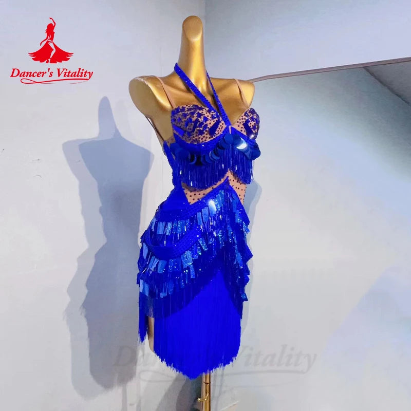 Latin Dance Competition Dresses Customization Senior Rhinestone Sequin Fringe Dress Women Tango Chacha Samba Performance Costume