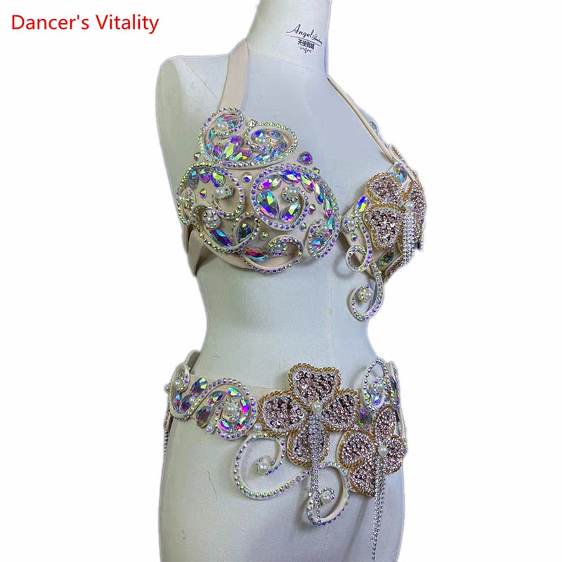 Belly Dance Costume Suit Women Customsized Hand Made Bra+belt 2pcs Girl's Oriental Belly Dancing Belt Competitoin Suit