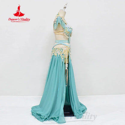 Belly Dancing Outfit Women Customized Pearl Tassel Bra+Luxury Diamond Split Long Skirt 2pcs Oriental Dance Performance Costumes