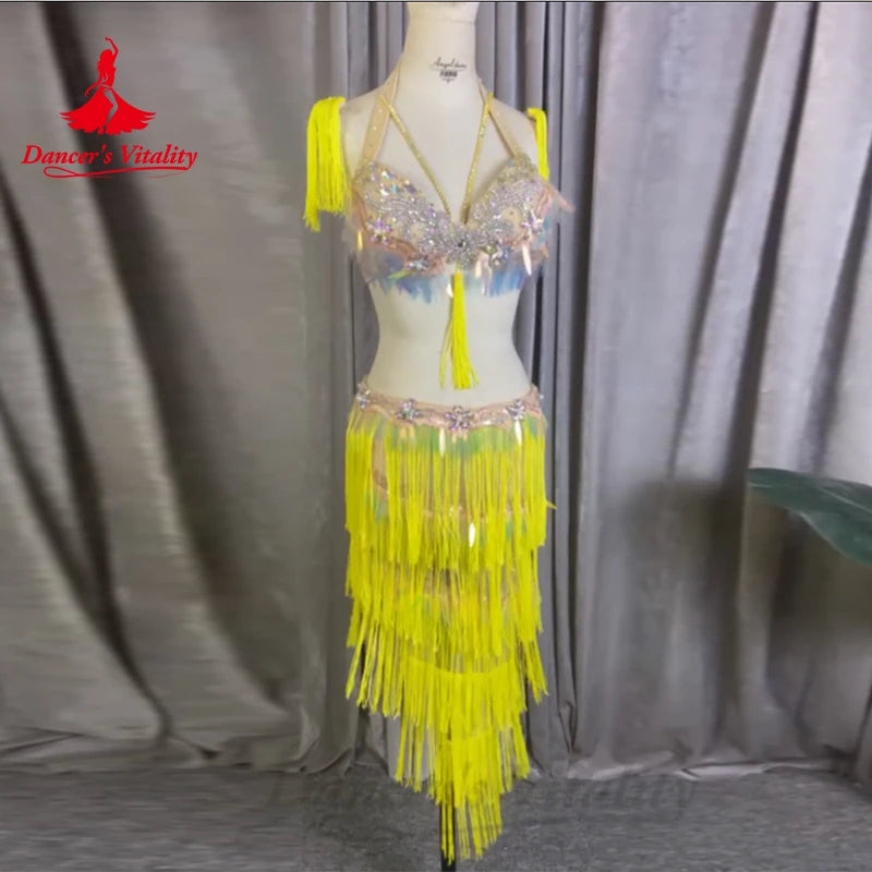 Latin Dance Set Advanced Diamond Bra+exquisite Tassels Skirt Customized Adult Children Tango Samba  Perform Performance Costumes