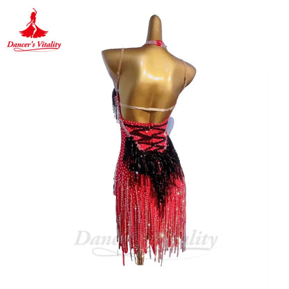 Latin Dance Performance Dress for Women Full Stones Rumba Chacha Tango Competiton Costume Skirt Custom Latin Tassel Dresses