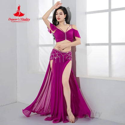 Belly Dancing Practice Set Women Customized Luxury AB Stones Top+Sexy Split Long Skirt 2pcs Oriental Dance Performance Clothing