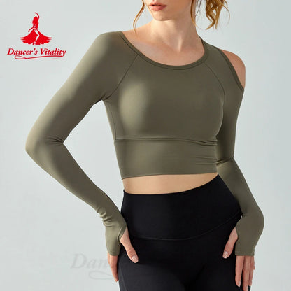 Yoga Round Necked for Women Long Sleeved Adult's Water Droplet Semi Fixed Cup Tight Fitting Street Back Sports and Fitness Top