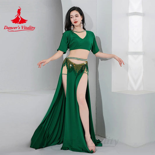 Bellydance Costume Set Customized Short Sleeved Vneck Top+Sexy Split Long Skirt 2pcs Women's Oriental Dance Performance Clothing