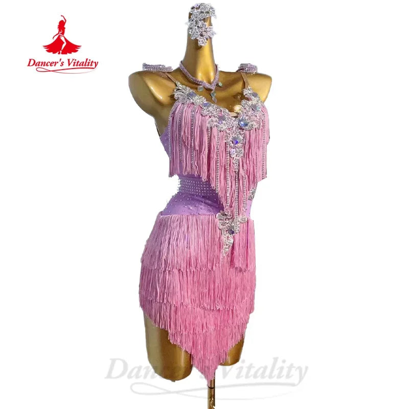 Latin Dance Fringe Dress for Women Rumba Chacha Tango Performance Tassel Skirt Costume Custom Adult Child Latin Dancing Dresses